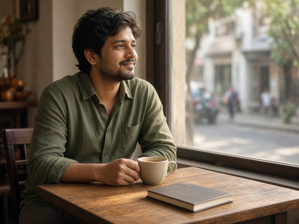 A South Asian man sits by a cafe window with a cup of tea and a closed notebook, looking out at the street.