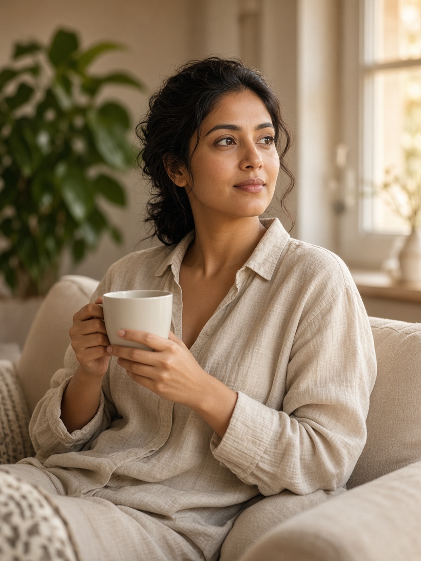 A South Asian woman sits on a sofa in a sunlit living room, holding a cup and looking calmly toward the window.